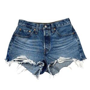 Levi’s 501 Distressed Denim Shorts W27 High Waisted Button Fly Frayed Hem Blue